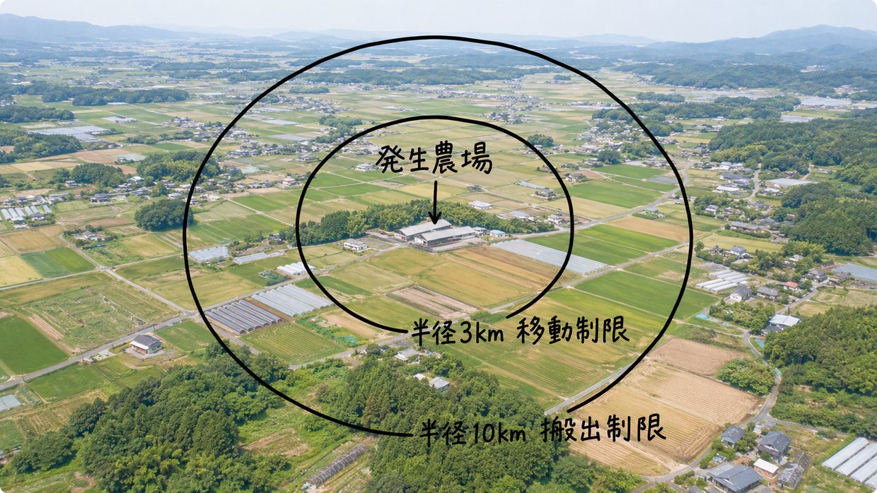 鶏舎を中心に半径3kmと10kmの円を手書きで描き、内側は移動制限、外側は搬出制限と示した図