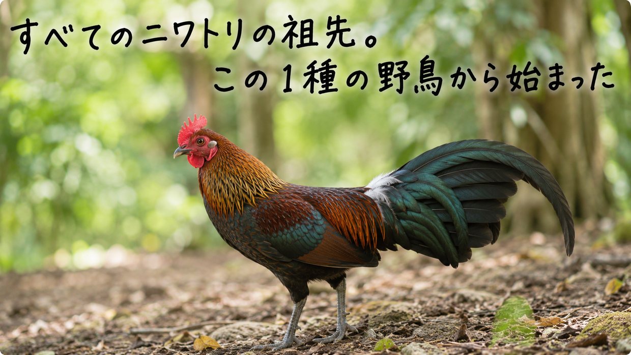 東南アジアの森にすむ野生のセキショクヤケイのオスの実写写真。首や背が赤金色、尾は緑がかった黒で、赤いとさかがある。手書きの文字で「すべてのニワトリの祖先。この1種の野鳥から始まった」