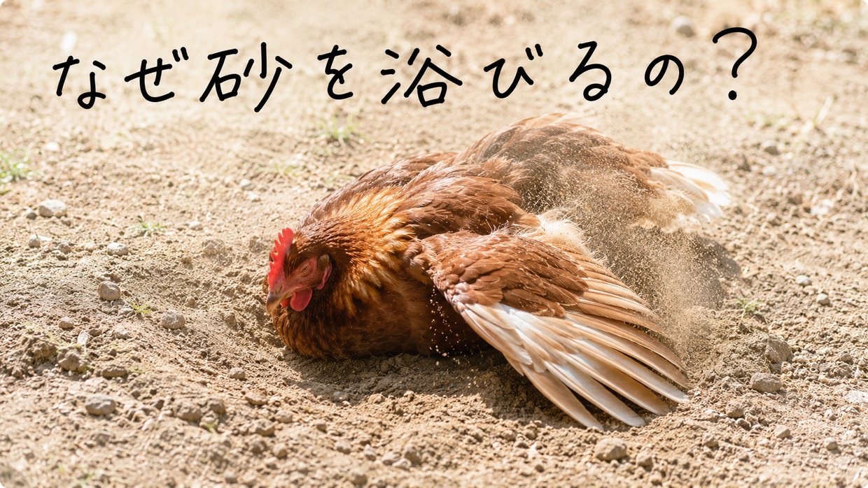 明るく清潔な地面のくぼみにうずくまり、片方の翼を広げて砂を浴びるニワトリの実写写真。手書きの文字で「なぜ砂を浴びるの?」