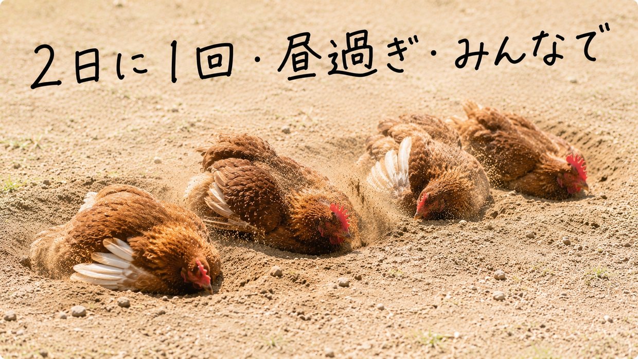 日なたの地面で、数羽のニワトリが並んで寝転がり、いっせいに砂を浴びている実写写真。手書きの文字で「2日に1回・昼過ぎ・みんなで」