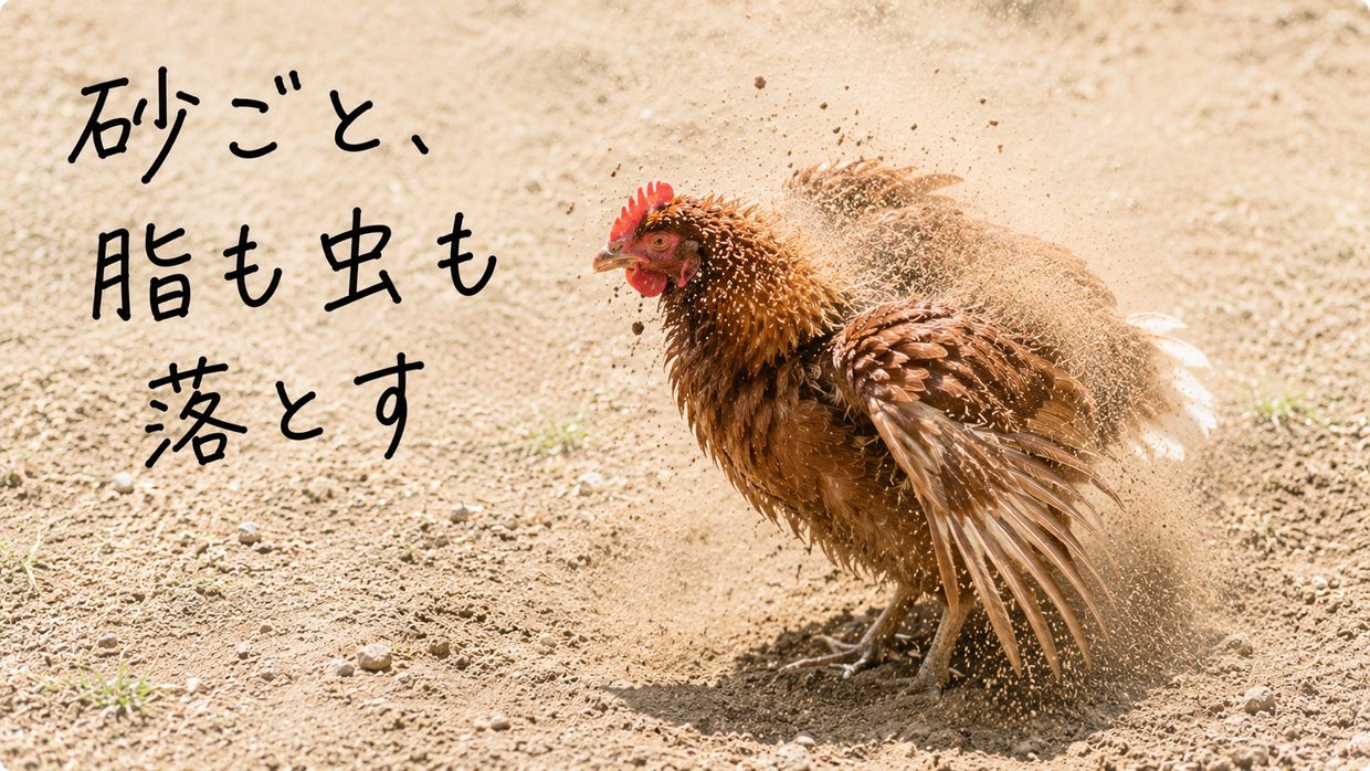 砂のくぼみで体を激しくふるわせ、砂ぼこりを飛ばすニワトリの実写写真。手書きの文字で「砂ごと、脂も虫も落とす」