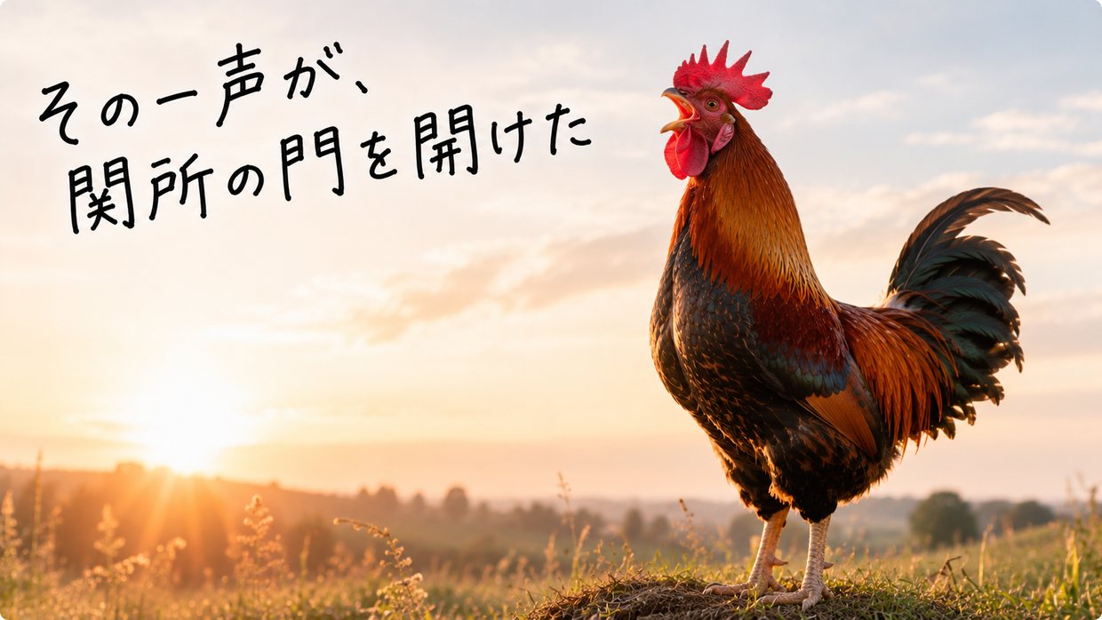 夜明けの光のなかで、くちばしを開けて鳴くオスのニワトリの実写写真。手書きの文字で「その一声が、関所の門を開けた」。