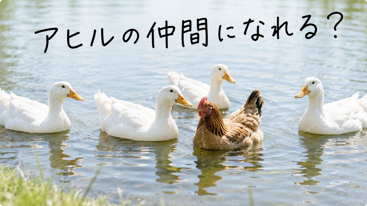 池に浮かぶアヒルの群れにまじって、一羽の茶色いニワトリがいっしょに水面にいる実写写真。手書きの文字で「アヒルの仲間になれる?」