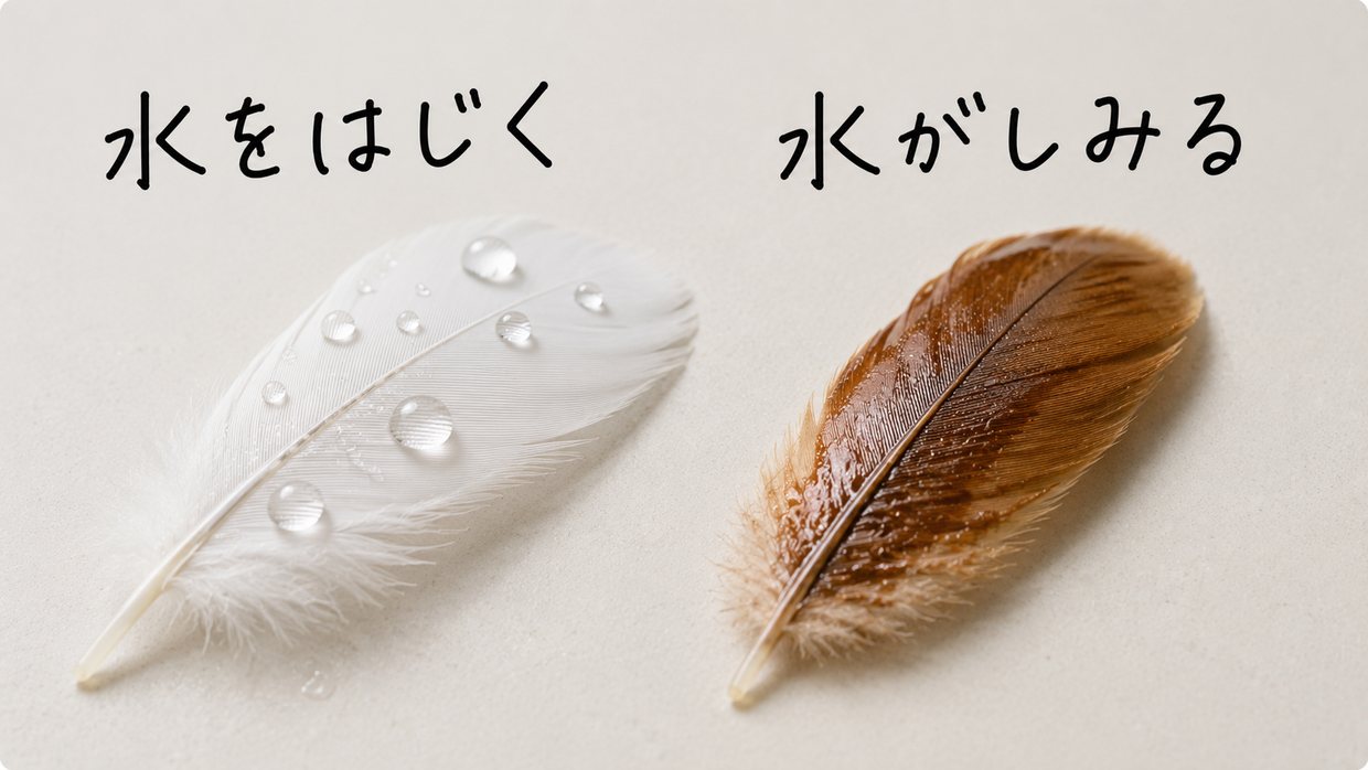左にアヒルの白い羽で水滴が玉のようにころがってはじかれる様子、右にニワトリの茶色い羽に水がしみ込んで濡れる様子を並べた実写写真。手書きの文字で、アヒルの羽に「水をはじく」、ニワトリの羽に「水がしみる」