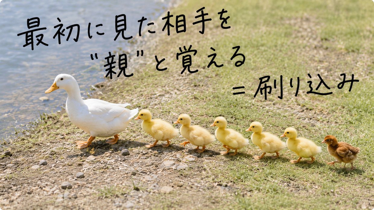 池のほとりで、先を歩く母アヒルとアヒルの子たちのあとを、一羽の茶色いニワトリのヒナがついて歩く実写写真。手書きの文字で「最初に見た相手を“親”と覚える=刷り込み」