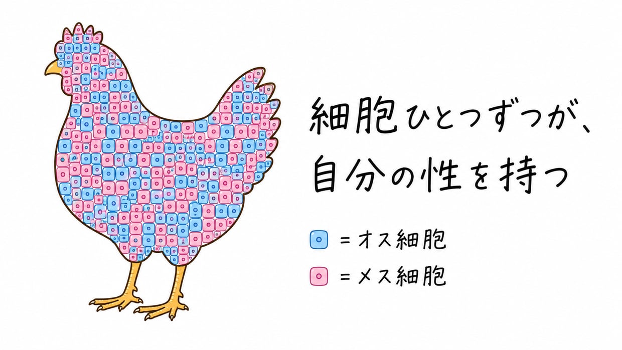 ニワトリの体の形の中を、青い細胞(オス)とピンクの細胞(メス)が混じり合ってうめている説明イラスト。体全体が2色の細胞のモザイクになっている。手書きの黒い文字で「細胞ひとつずつが、自分の性を持つ」「青=オス細胞/ピンク=メス細胞」。