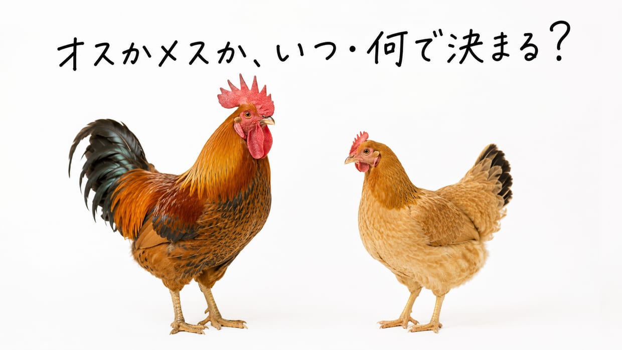 立派なとさかのおんどりと、小ぶりのめんどりを並べた実写写真。上に手書きの黒い文字で「オスかメスか、いつ・何で決まる？」と書かれている。