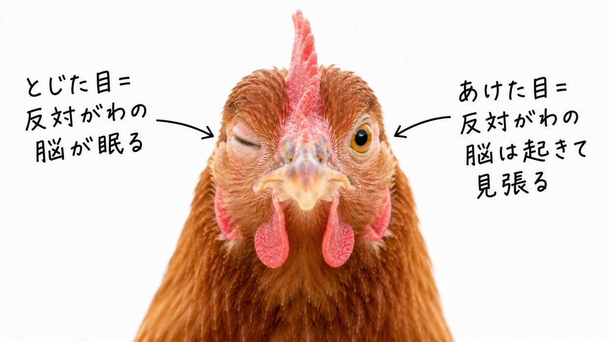 正面を向いたニワトリの顔の実写写真。向かって左の目は閉じ、右の目は開いている。手書きの文字で、閉じた目に「とじた目=反対がわの脳が眠る」、開いた目に「あけた目=反対がわの脳は起きて見張る」と注釈