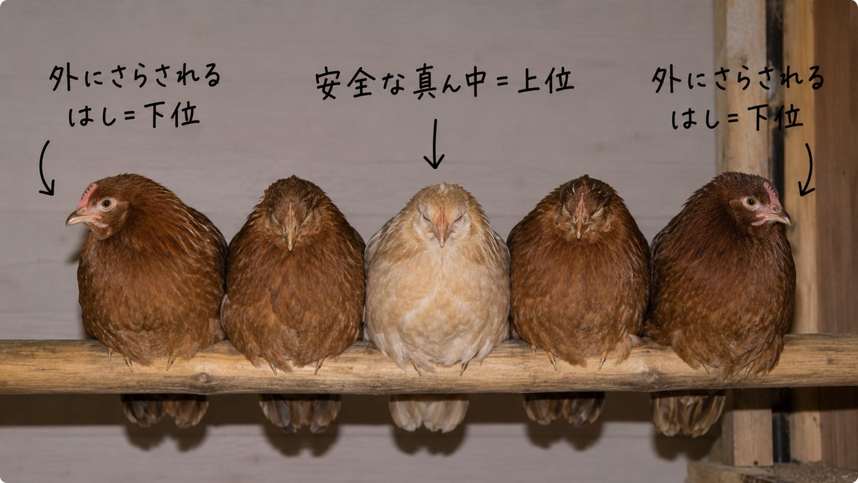 夜、一本の止まり木に並んでとまるニワトリたちの実写写真。中央の個体は両目を閉じ、両はしの個体は外を向いて片目を開けている。手書きの文字で「安全な真ん中=上位」「外にさらされるはし=下位」と示す