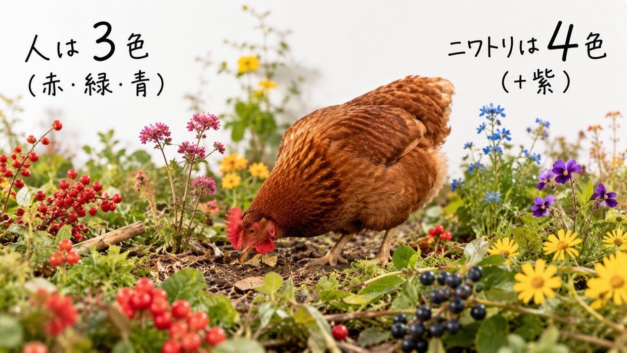 色とりどりの草花をついばむニワトリの実写写真。手書きの文字で「人は3色（赤・緑・青）」「ニワトリは4色（＋紫）」と書かれている。
