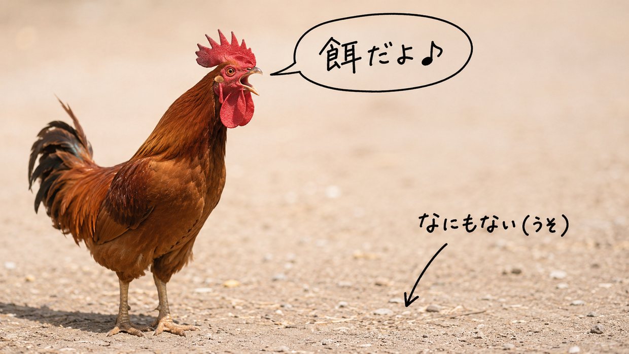本物のおんどりが口を開けて鳴いている写真に手書きの注釈。口元の吹き出し「餌だよ♪」と、空っぽの地面を指す矢印「なにもない(うそ)」
