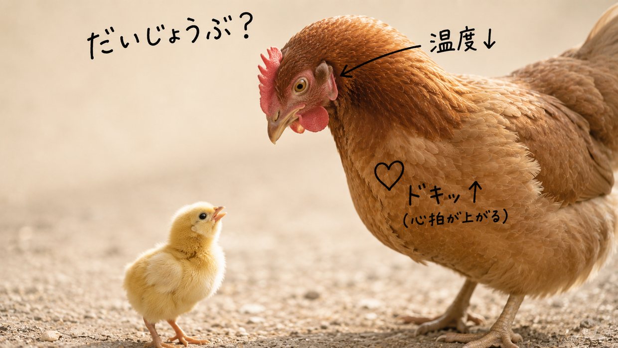 本物の母めんどりと小さなひなの写真に手書きの注釈。母の胸にハート「ドキッ↑(心拍が上がる)」、目のまわりに「温度↓」、上に「だいじょうぶ?」