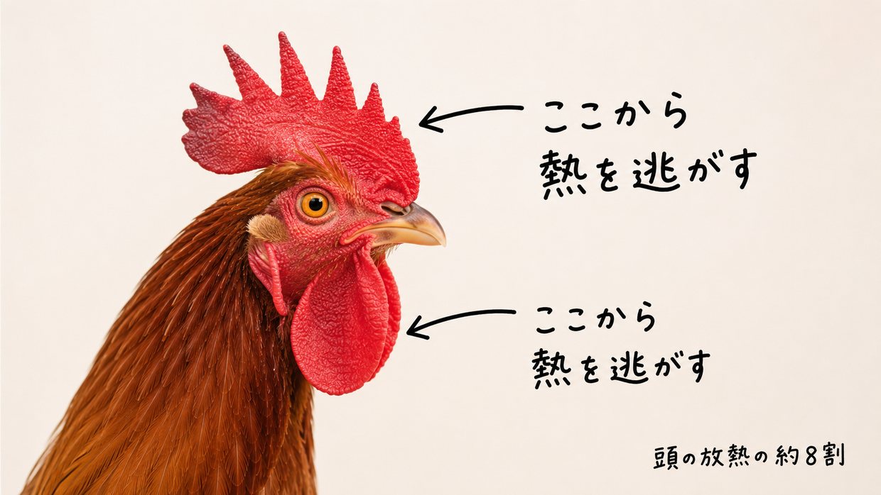 ニワトリの頭部の実写写真。とさかと肉垂を黒い手書きの矢印が指し、「ここから熱を逃がす」「頭の放熱の約8割」と手書き文字