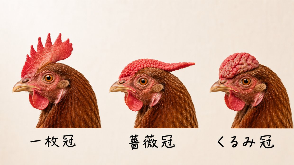 3羽のめんどりの頭を並べた実写写真。左＝立ってギザギザの一枚冠、中＝粒々の表面で後方に突起が伸びる薔薇冠、右＝しわのあるクルミ状のくるみ冠。手書きで「一枚冠」「薔薇冠」「くるみ冠」