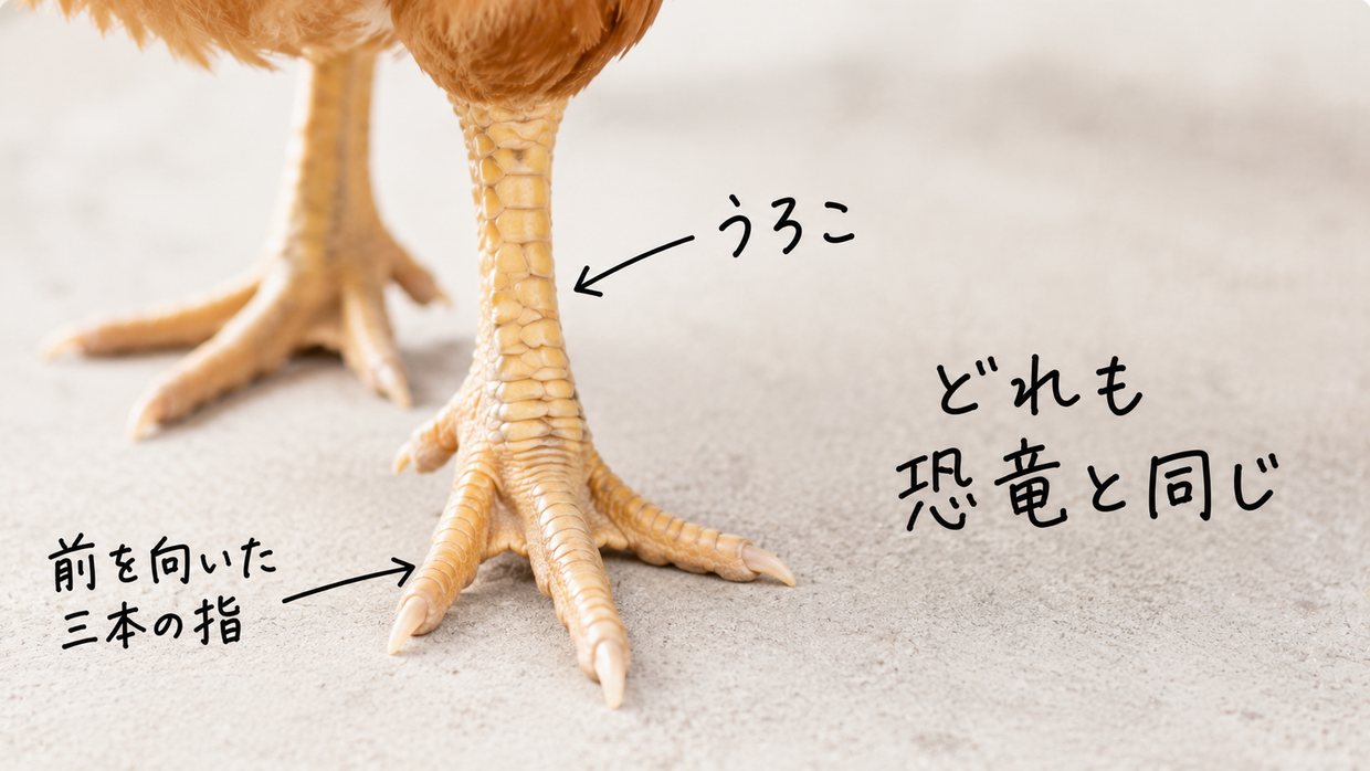 ニワトリの前を向いた三本指の足のアップの実写写真。手書きの文字で「前を向いた三本の指」「うろこ」「どれも恐竜と同じ」と書かれている。