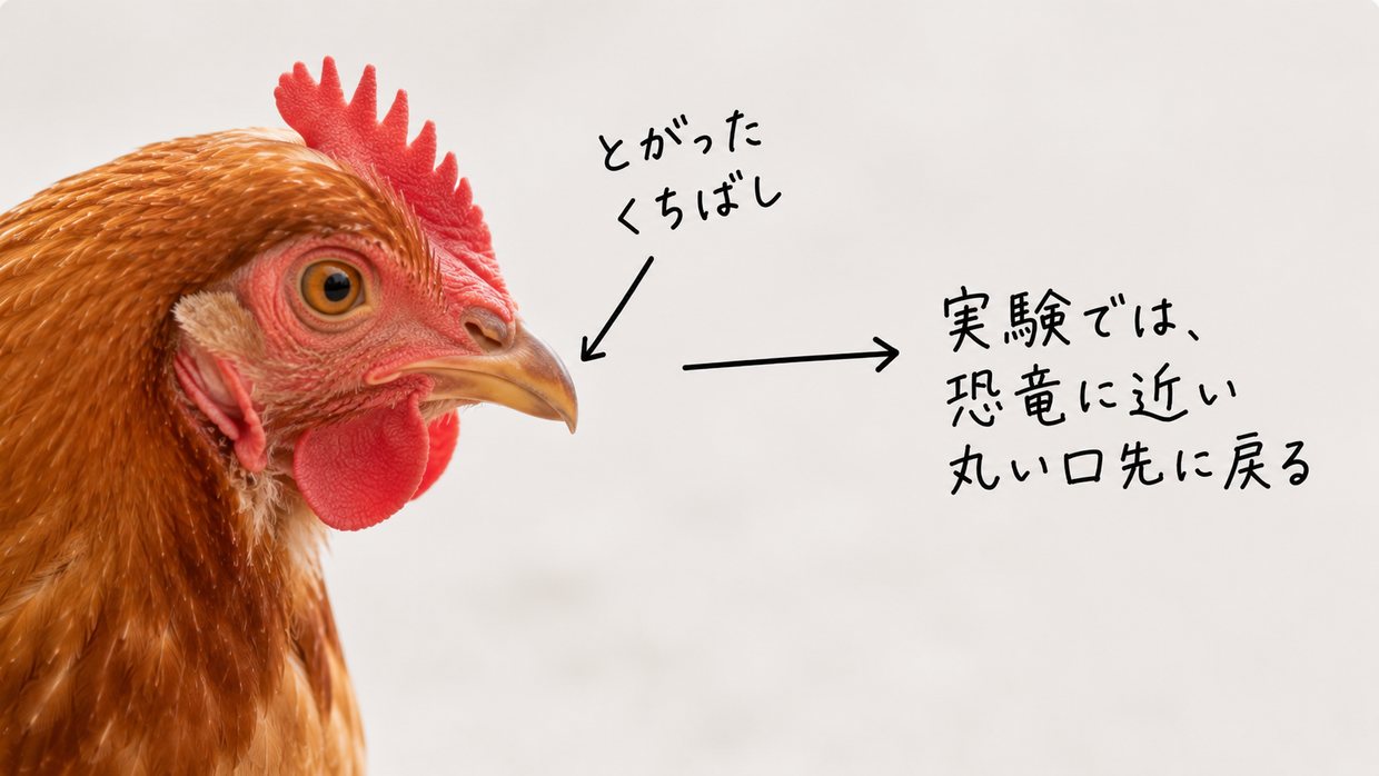 ニワトリの横顔の実写写真。手書きの矢印で、とがったくちばしが恐竜に近い丸い口先へ変わる様子を示している。