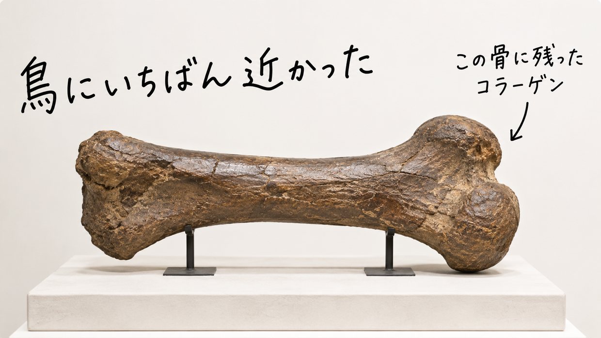 ティラノサウルスの骨の化石の実写写真。手書きの文字で、そこから取れたコラーゲンが鳥に近かったことを示している。