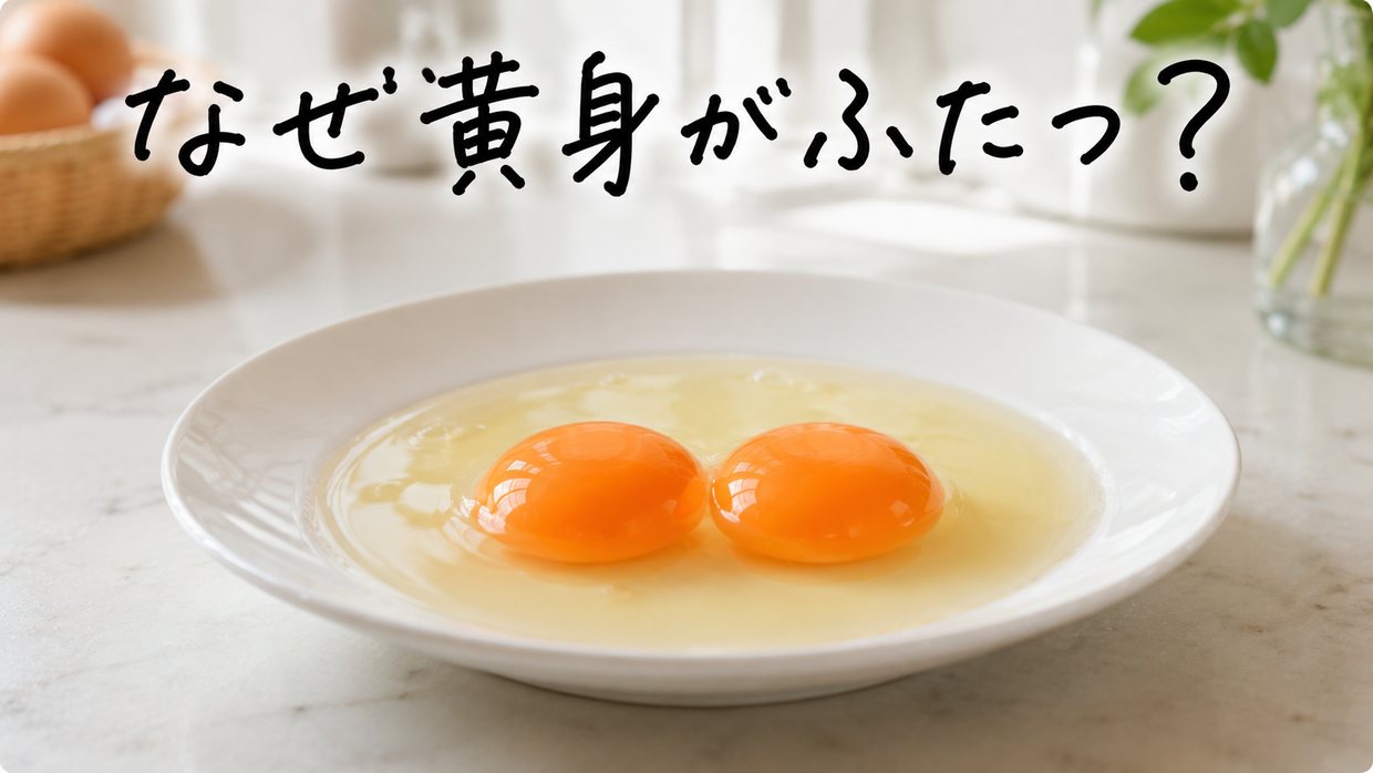 ボウルに割り入れた卵から、黄身がふたつ並んでのぞく。上に手書きで「なぜ黄身がふたつ?」