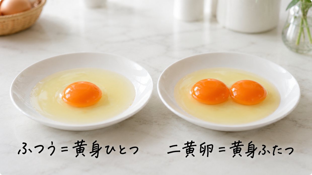 割った卵をふたつ並べた写真。左はふつうの黄身ひとつ、右は二黄卵で黄身がふたつ。手書きで「ふつう=黄身ひとつ」「二黄卵=排卵が重なって黄身ふたつ」