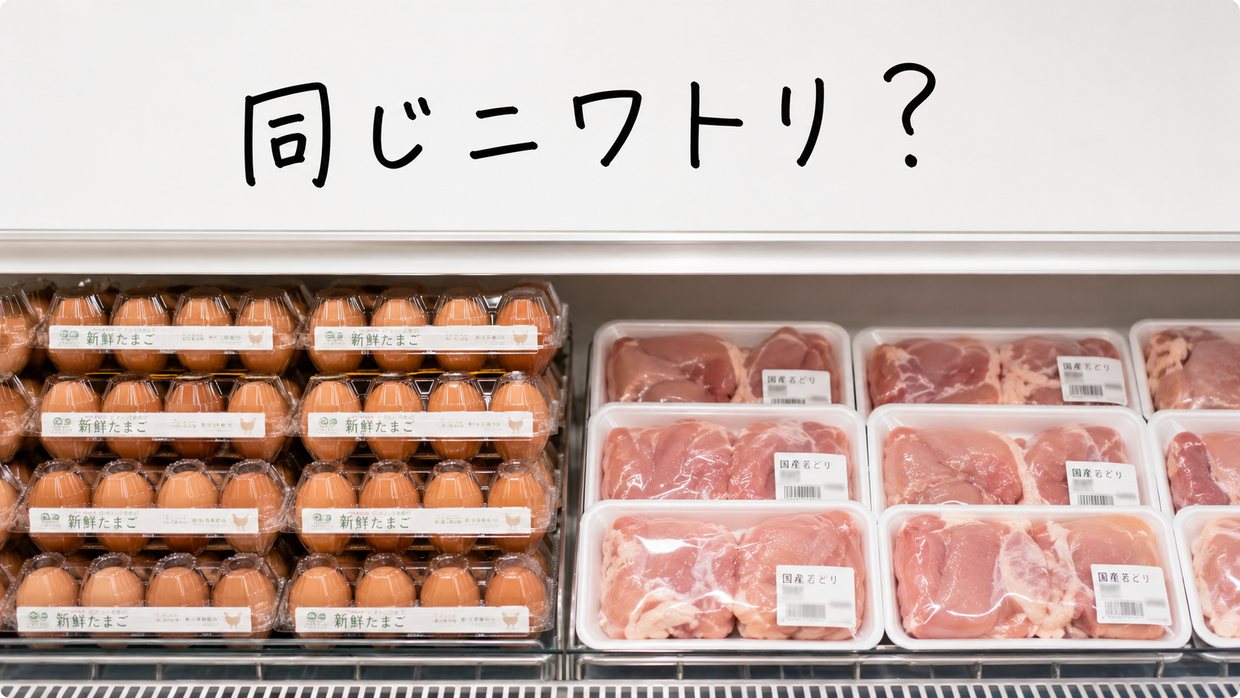 スーパーの卵パックと鶏肉のパックが並ぶ実写写真。黒い手書きの文字で「同じニワトリ?」