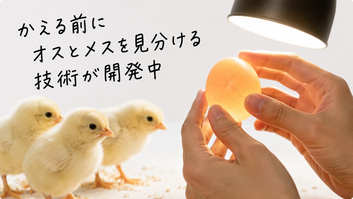 採卵鶏のヒヨコと、光にかざした卵の実写写真。黒い手書きの文字で「かえる前に オスメスを見分ける技術が開発中」