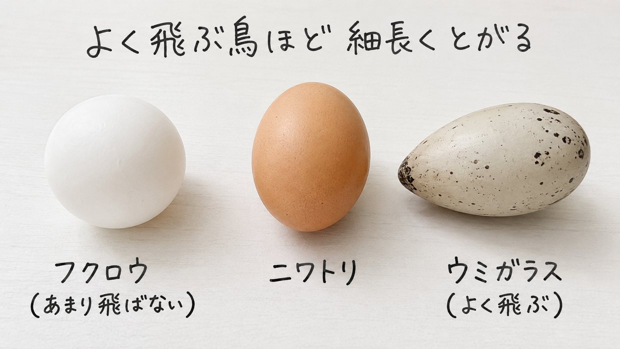 3種類の鳥の卵の形をくらべた実写写真。左=フクロウのまるい卵、中央=ニワトリのほどほどの卵型、右=シギやウミガラスの細長くとがった卵。手書きの文字で「よく飛ぶ鳥ほど 細長くとがる」。