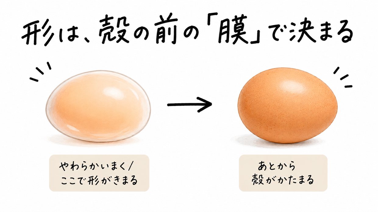 卵ができる順番を左から右へ示す説明イラスト。左は、殻がまだない、やわらかい膜に包まれた卵(ここで形が決まる)。右は、そのあと殻がついて固まった卵。手書きの文字で「形は、殻の前の『膜』で決まる」。