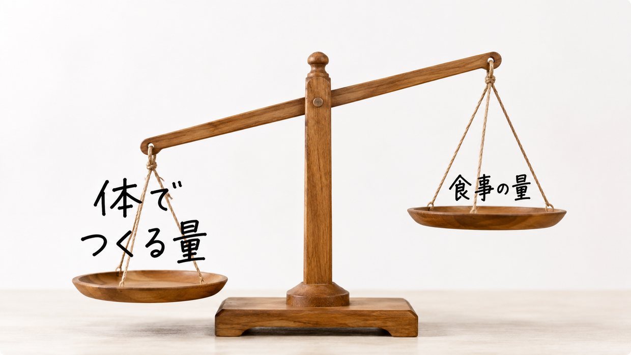 黒い背景に手書きのてんびん。左の皿に大きく「体でつくる量」、右の皿に小さく「食事の量」。体でつくる側が重い