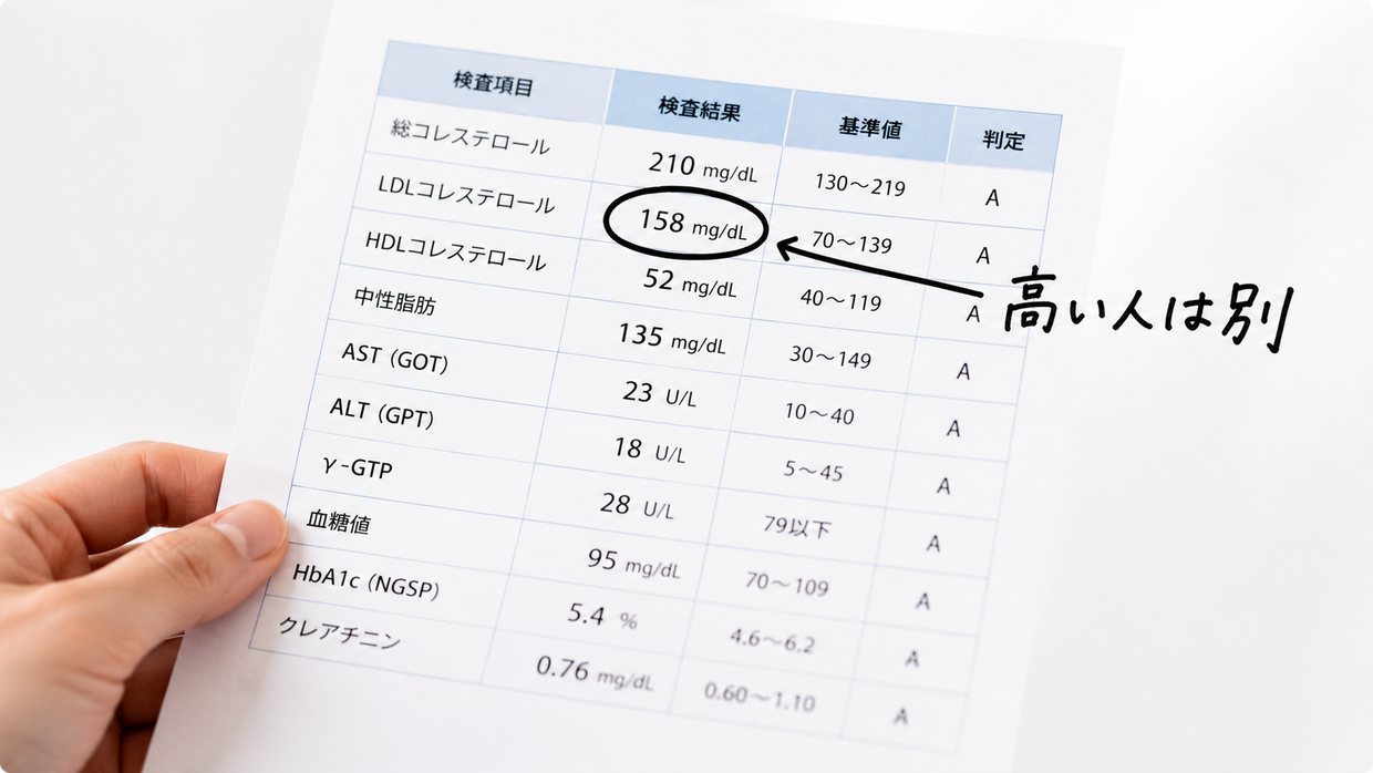 健康診断の結果票を手に持つ人の手元。LDLの数値に手書きの丸。わきに「高い人は別」