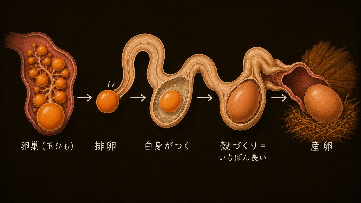 鶏が卵をつくるしくみのイラスト。左から、卵巣で大きさ順に育つ黄身の房（玉ひも）→排卵→卵管を下りながら白身がつく→殻づくり（いちばん長い）→産卵、と左から右へ流れる。各段に手書きのラベル