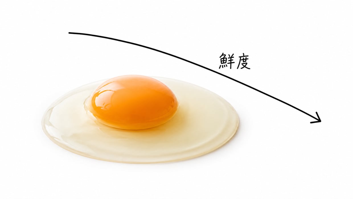 産みたての卵を割ると、卵白がこんもり盛り上がる。鮮度が日数とともに下がることを手描きの下降線で示す