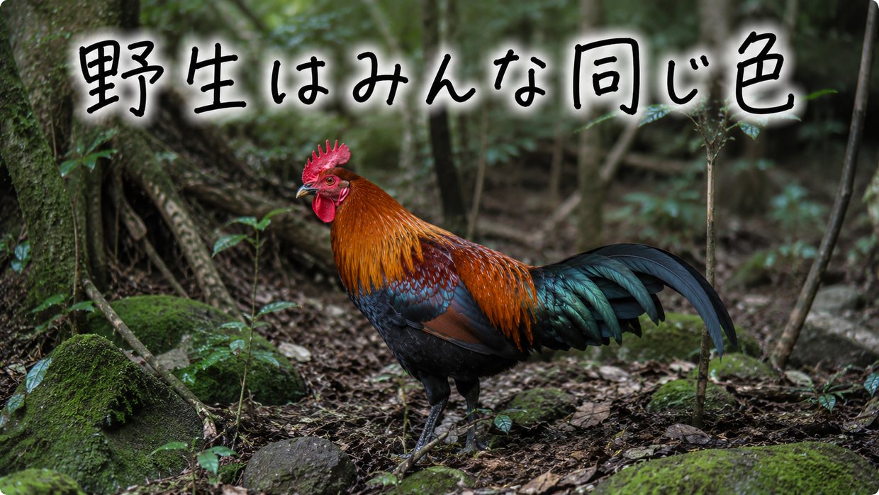 森にいる野生のセキショクヤケイ(オス)の実写写真。赤金と黒の羽、緑がかった尾。手書きで「野生はみんな同じ色」