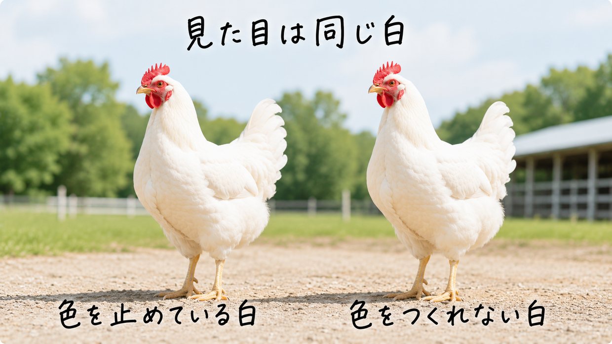 よく似た2羽の真っ白なニワトリの実写写真。上に手書きで「見た目は同じ白」、左下に「色を止めている白」、右下に「色をつくれない白」