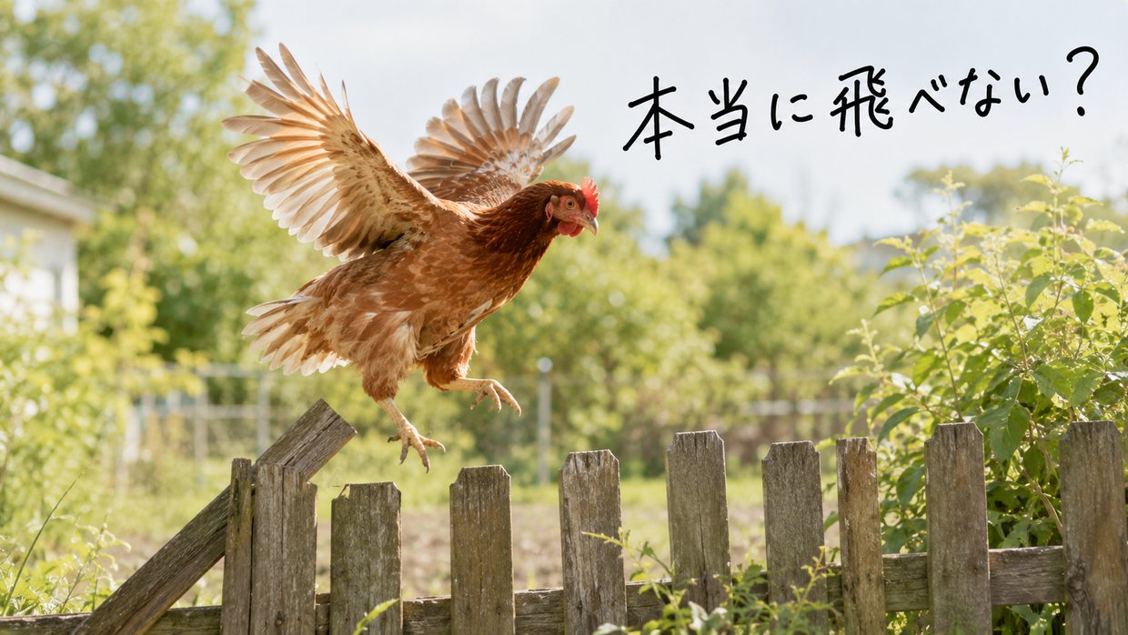 柵を蹴って羽を大きく広げ、宙に舞い上がろうとするニワトリの実写写真。手書きの文字で「本当に飛べない?」