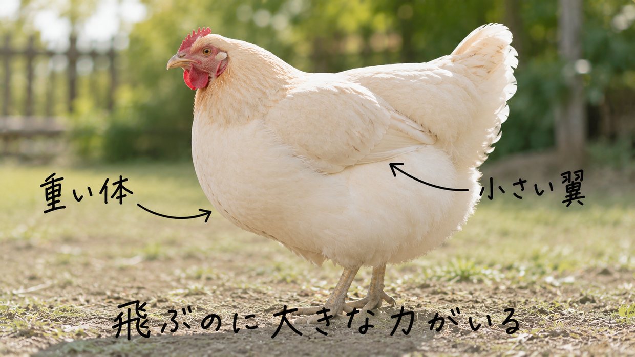 ずんぐりしたニワトリの体と小さな翼を示した実写写真。手書きの文字で「重い体 ÷ 小さい翼 = 飛ぶのに大きな力」