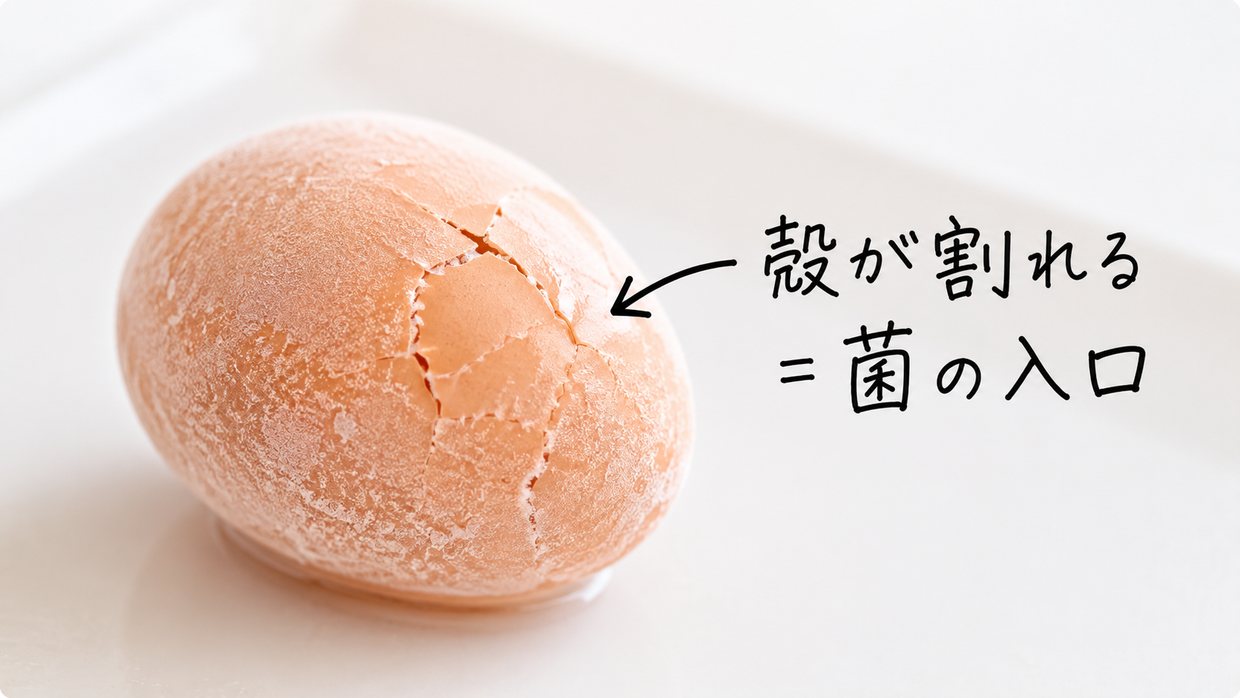 殻ごと凍らせた卵にひびが入った様子。中身が膨らんで殻を内側から割ることを手描きで示す
