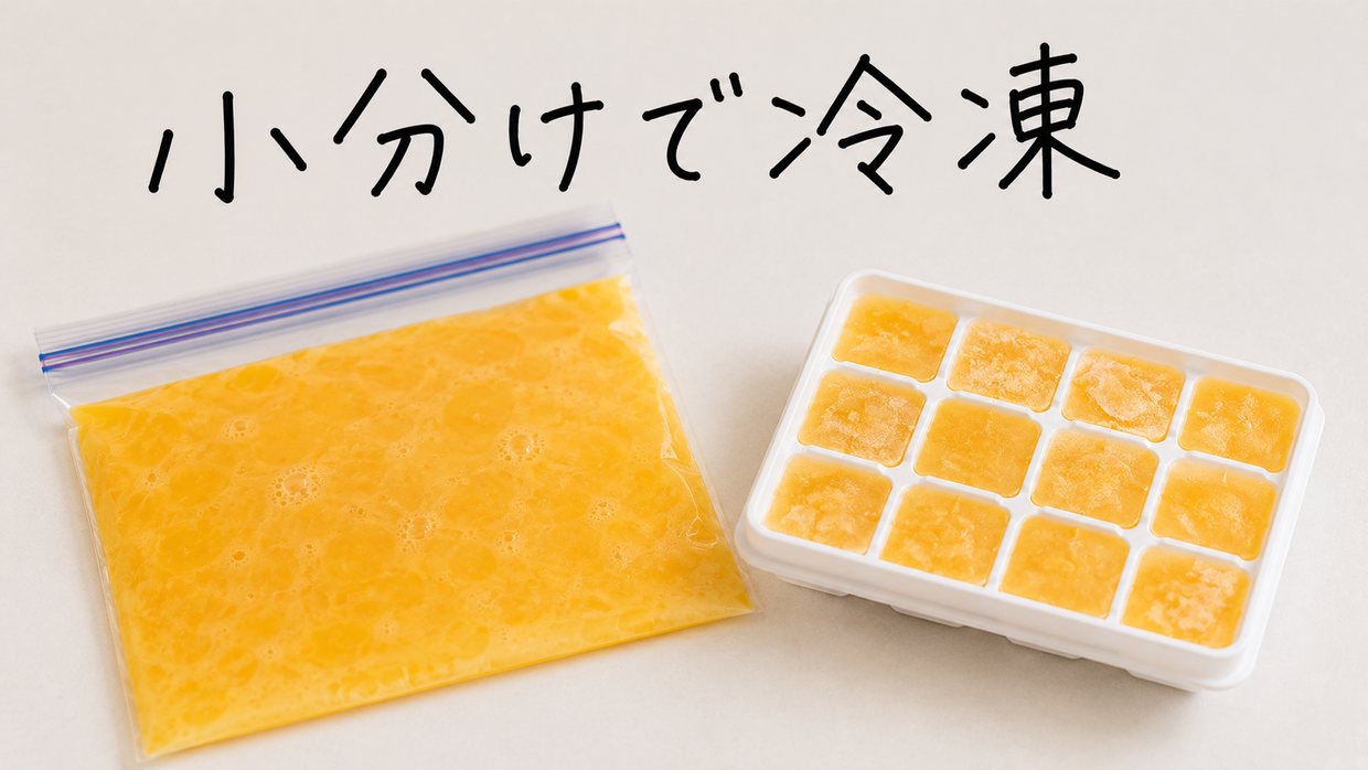 溶き卵を保存袋に平らにのばし、製氷皿で小分けにして冷凍する様子。使う分だけ取り出せることを手描きで示す