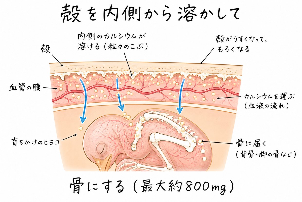 卵の殻の断面を拡大した説明イラスト。殻の内側にあったカルシウムのこぶが溶けて殻がもろくなり、膜の血管がカルシウムを運んで、育ちかけのヒヨコの骨が白く色づいている。手書きの黒い文字で「殻を内側から溶かして」「骨にする(最大約800mg)」。