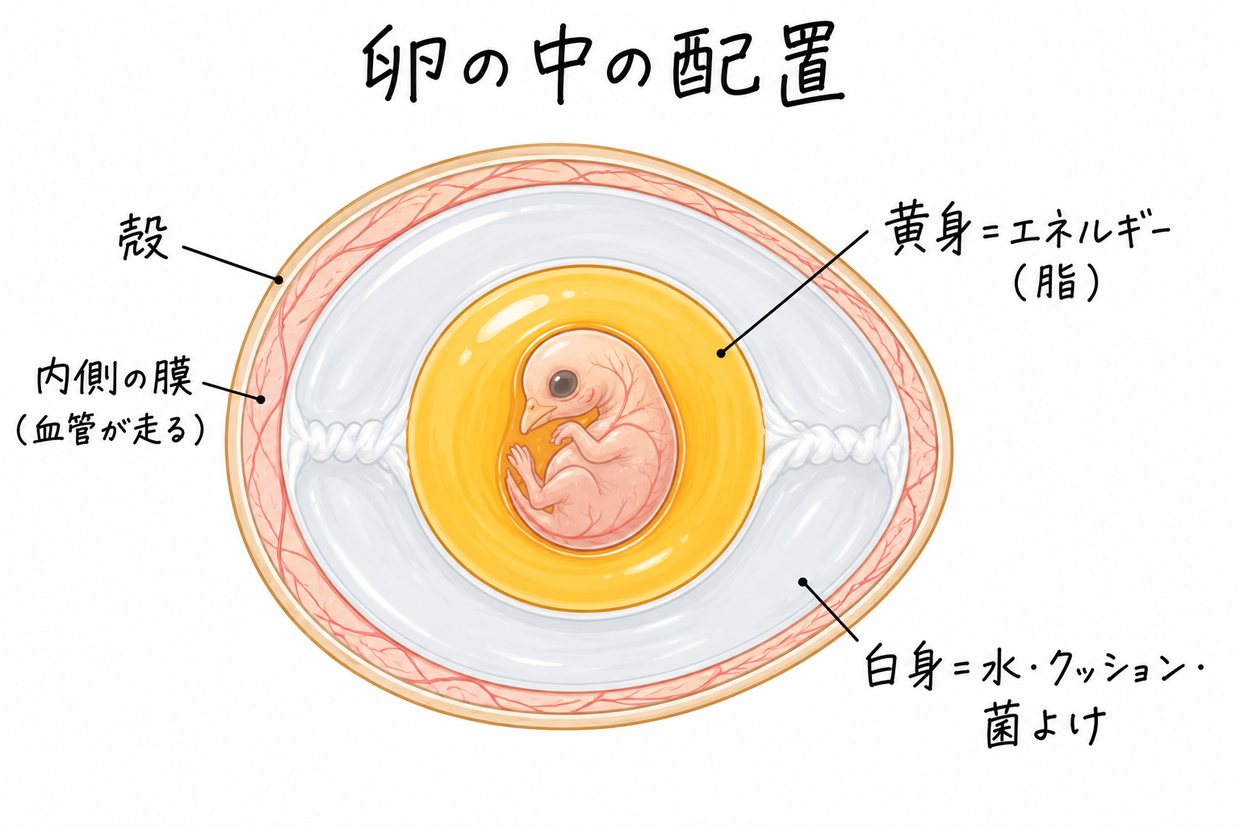 卵の中身の配置を示した断面の説明イラスト。中央に育ちかけのヒヨコ、まわりに黄身と白身、殻の内側に血管の膜。黄身に手書きの黒い文字で「黄身=エネルギー(脂)」、白身に「白身=水・クッション・菌よけ」。