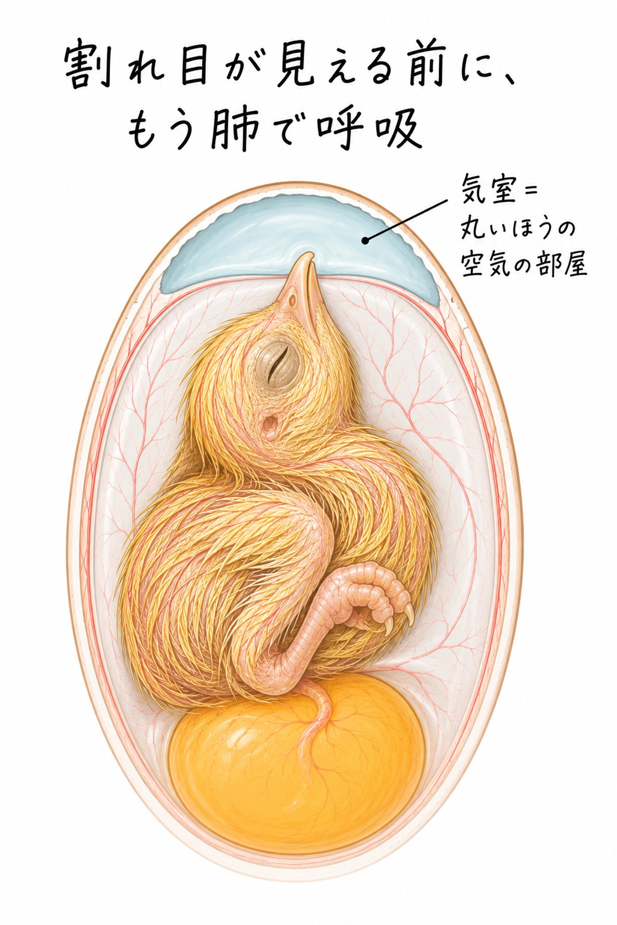 卵の縦の断面の説明イラスト。卵の丸いほうに空気の部屋(気室)があり、中のヒヨコがくちばしをそこに差し入れて息を吸っている。手書きの黒い文字で「気室=丸いほうの空気の部屋」「割れ目が見える前に、もう肺で呼吸」。