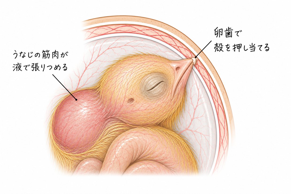 殻の中のヒヨコの頭部を拡大した説明イラスト。上くちばしの先に小さな白い突起(卵歯)があり、それが殻の内側に当たっている。うなじ(首の後ろ)の筋肉が液をためて大きく張りつめ、頭と首を支える土台になっている。手書きの黒い文字で「うなじの筋肉が液で張りつめる」「卵歯で殻を押し当てる」。