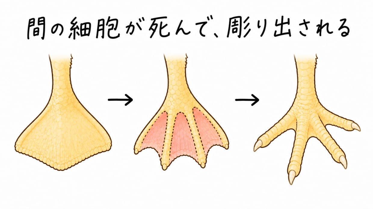 指のない平らな板(うちわ状)から、指の間の細胞が死んで、指が分かれていくようすを左から右へ示した説明イラスト。間の部分に印がつき、右では指が分かれている。手書きの黒い文字で「間の細胞が死んで、彫り出される」。