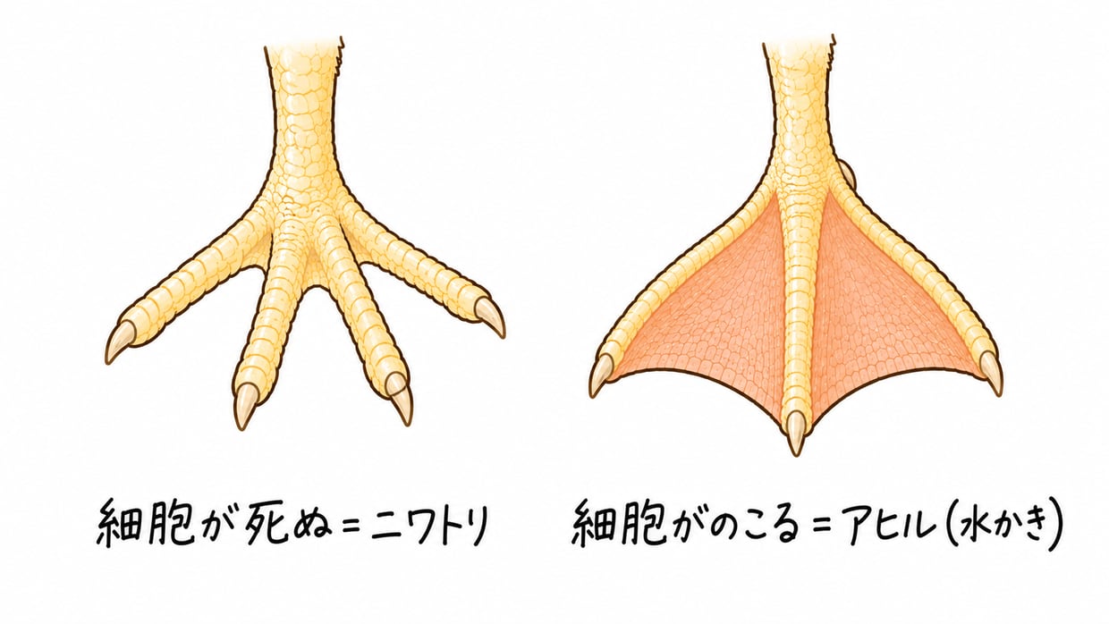 発生中のニワトリの足とアヒルの足を並べた説明イラスト。ニワトリは指の間の細胞が死んで指が分かれ、アヒルは間の細胞が残って水かきになっている。手書きの黒い文字で「彫る=ニワトリ」「彫らない=アヒル(水かき)」。