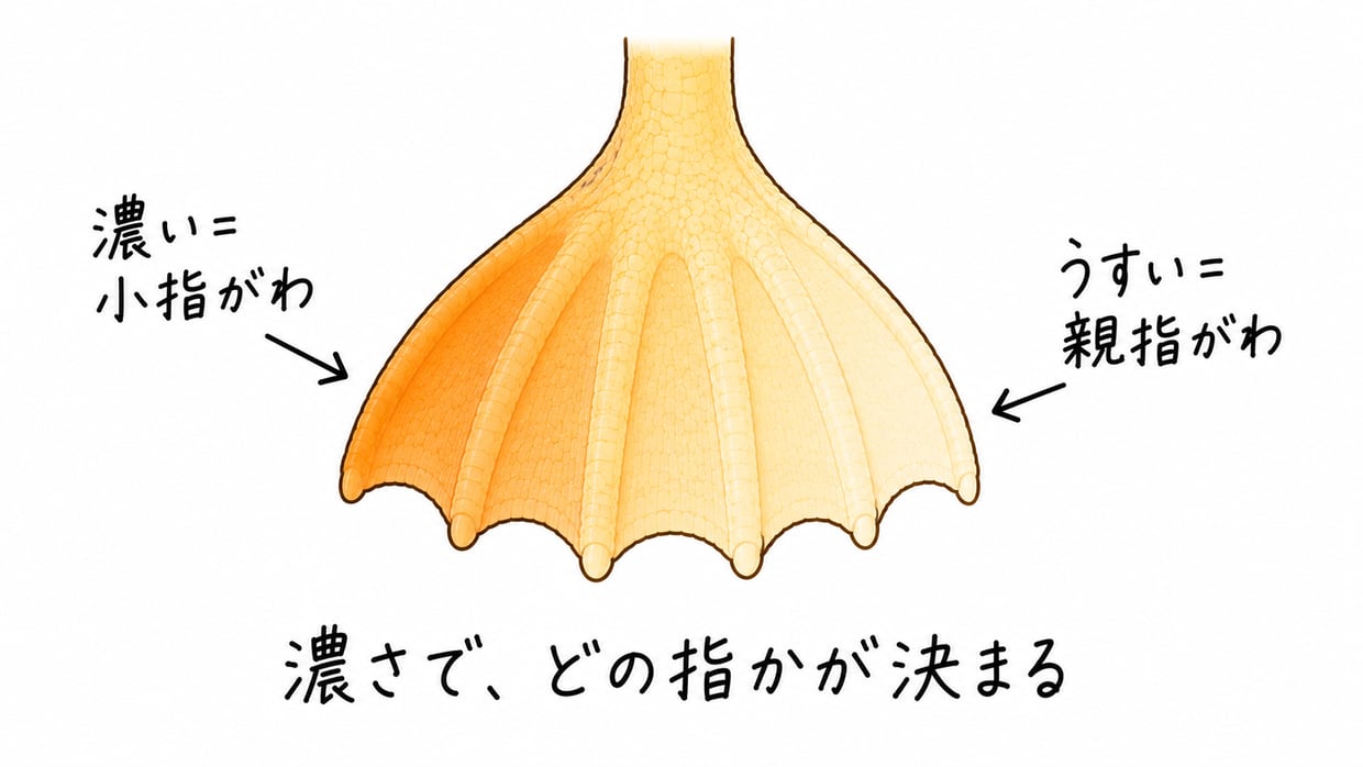発生中の足の板を上から見た説明イラスト。小指がわのはしが濃く、親指がわへ向かってだんだんうすくなる色の勾配で描かれ、指のもとが並んでいる。手書きの黒い文字で「濃い=小指がわ/うすい=親指がわ」「濃さで、どの指かが決まる」。