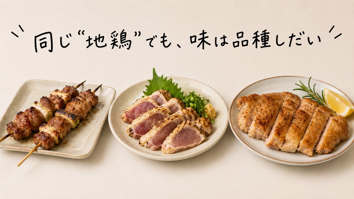 種類のちがう数種類の地鶏肉（焼いた串と生肉）を並べた実写写真。黒い手書きの文字で「同じ“地鶏”でも、味は品種しだい」