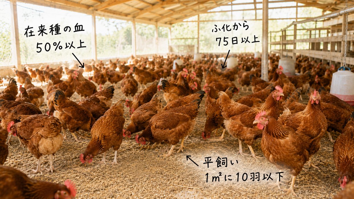 平飼いの鶏舎で地面をつつく数羽の茶色い地鶏の実写写真。黒い手書きの文字と矢印で「在来種の血 50%以上」「ふ化から75日以上」「平飼い 1㎡に10羽以下」と注釈