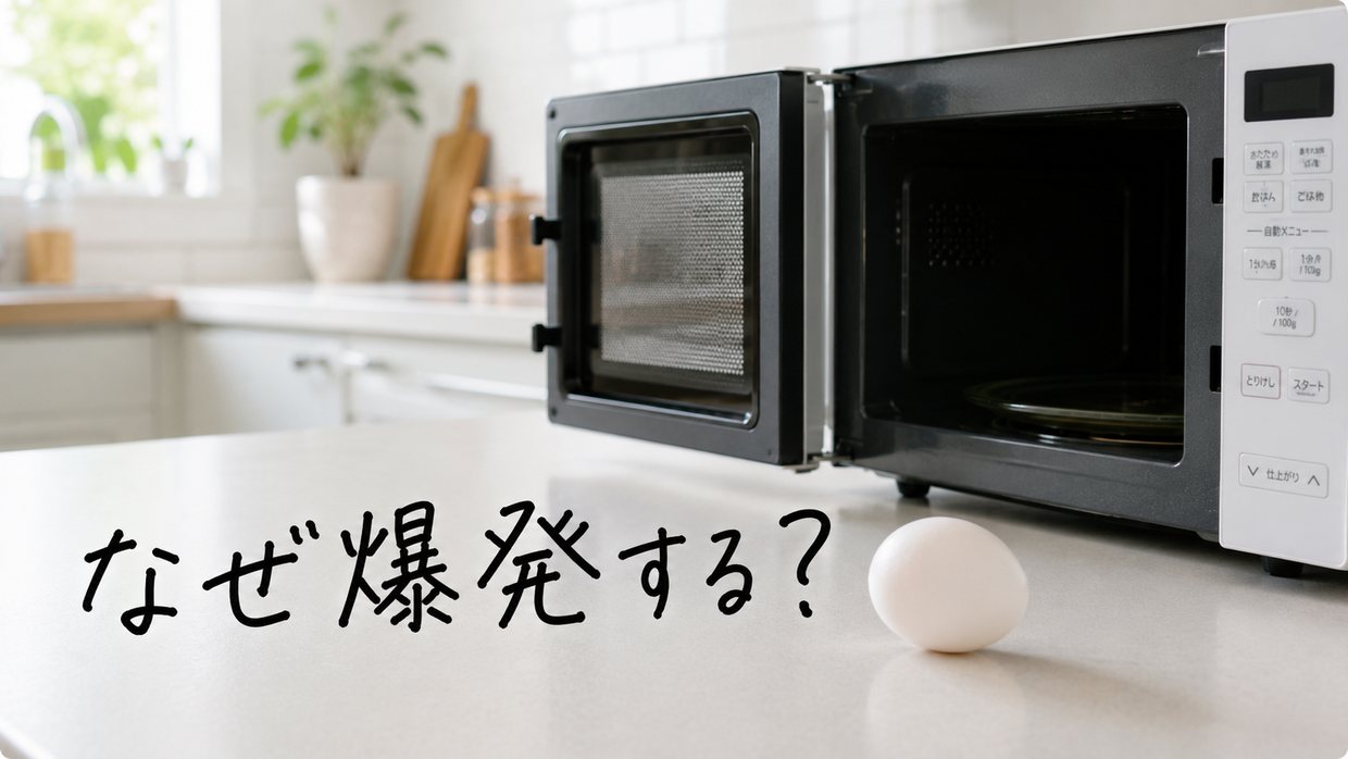 電子レンジの前に置かれた卵に、「なぜ爆発する?」と手描きで問いかける。レンジで卵を温める場面