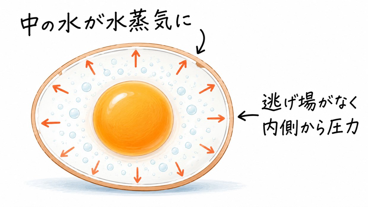 殻つきの生卵の断面イラスト。殻の内側で水が水蒸気に変わり、逃げ場をなくして内側から殻を押す圧力になる様子を、外向きの矢印と手書き注釈で示す