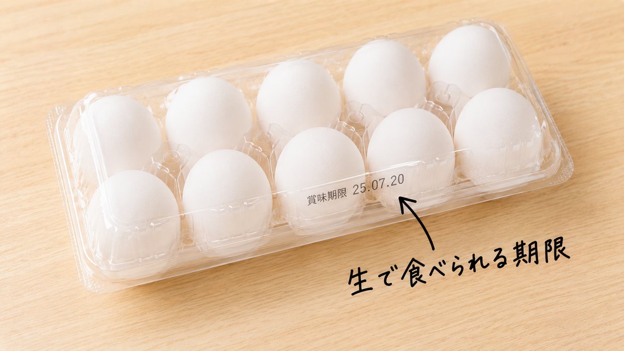 卵パックに印字された賞味期限。日本の賞味期限は生で食べられる期限を表す
