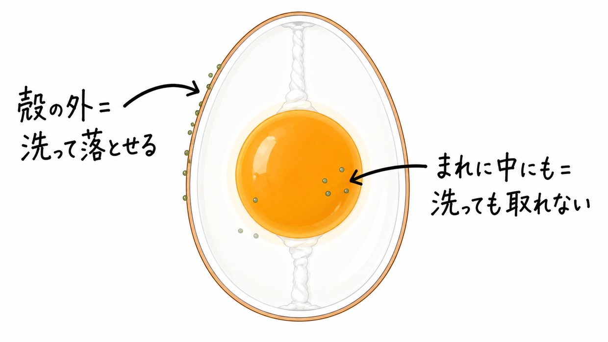 卵の断面図。殻の表面についた菌は洗って落とせるが、まれに卵の中にいる菌は洗っても取れないことを手描きで示す
